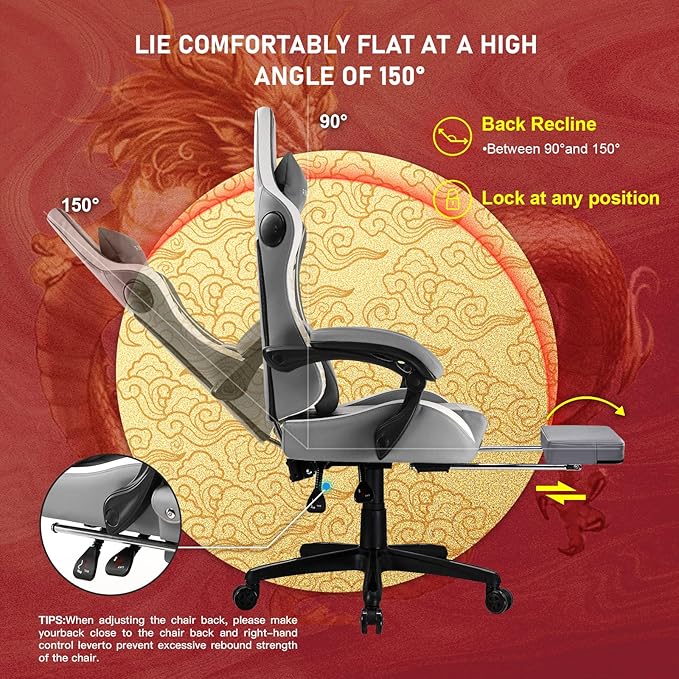 GTPLAYER Gaming Chair with Bluetooth Speakers and Footrest Dragon Series Video Game Chairs Heavy Duty Ergonomic Chairs Esports Gaming Computer Office Chair (Gray)