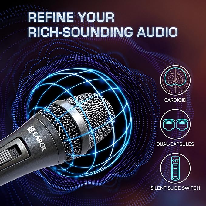CAROL AC-910S XLR Wired Vocal Microphone – Dynamic Cardioid Mic with AHNC Dual-Engine Noise Cancelling Tech for Singing Karaoke Stage &amp Studio Includes Mic Clip 14.8ft XLR Cable &amp On/Off S