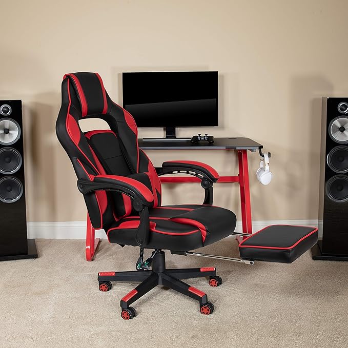 EMMA + OLIVER Red Ergonomic Gaming Chair - Reclining Back/Arms Footrest Massaging Lumbar