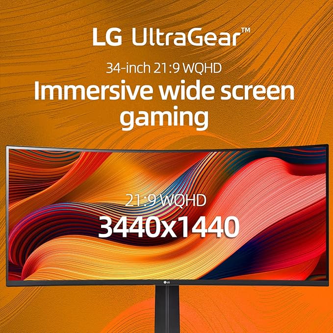 LG 34 Inch Curved Ultragear QHD(3440x1440) IPS Gaming Monitor 160Hz AMD FreeSync HDR10 sRGB 99% OnScreen Control Multitasking and Content Creation DisplayPort &amp HDMI Tilt/Height Adjustable