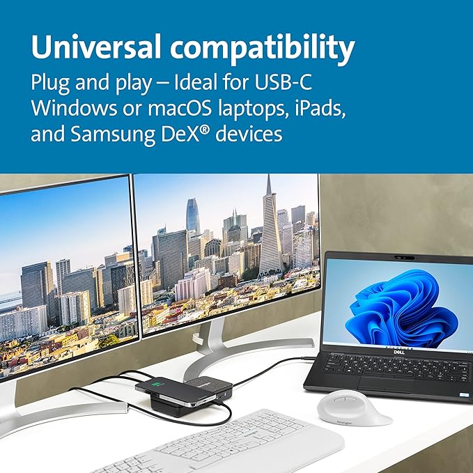 Kensington USB-C Hub with Qi Charging Dual HDMI 4K@60Hz 100W PD Pass Through Charging 1Gbps Ethernet Port Compatible with MacBook iPad HP Lenovo Laptops (K32800WW) Black