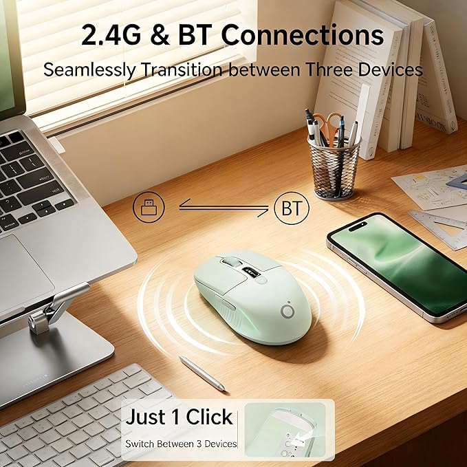 EWEADN Q1 Wireless Mouse BT &amp 2.4G Silent Mouse Quiet Click with 1600 DPI Levels Battery &amp DPI LED Screen Display 6 Button Small Portable Bluetooth Mouse for Laptop/PC/Mac-Green