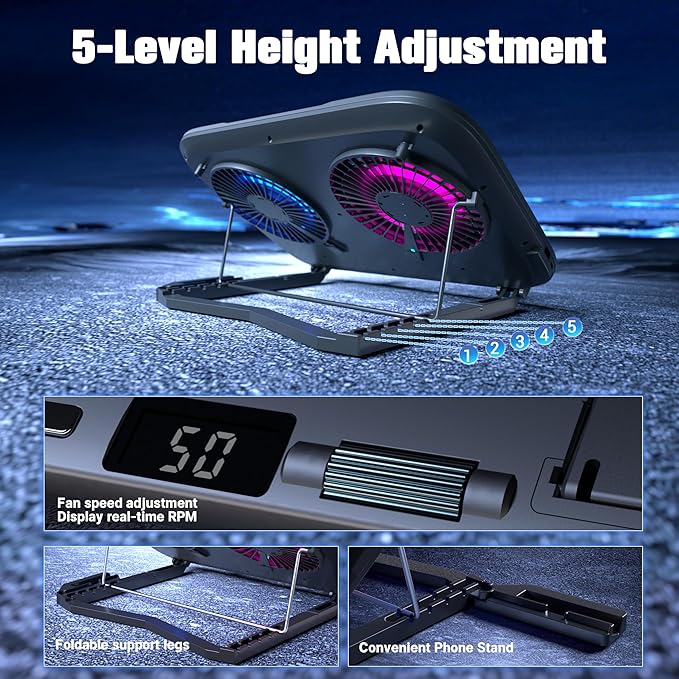 Dual-Core TEC Laptop Cooling Pad with Dual Stepless-Quiet Fans 5-Height Adjustable Laptop Cooling Stand 10-Level RGB for 13-17 Inch Laptops Includes 15W Charger Smoky Black