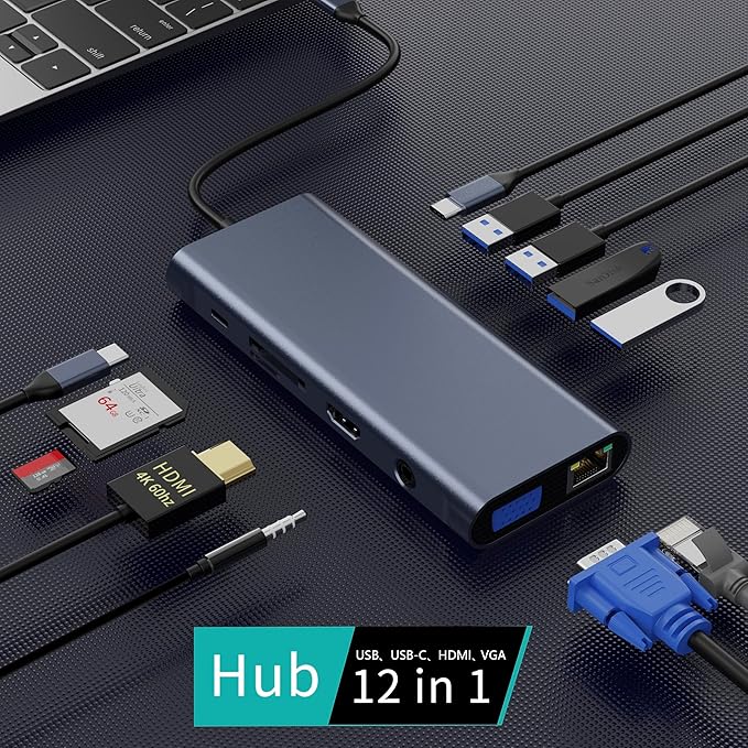 USB C Docking Station Hub (12 -in-1) with 4K 60HZ HDMI Ethernet VGAAudio USB3.0 TF/SD Dongle Docking Station Compatible for MacBook iPad Pro Dell Hp Lenovo