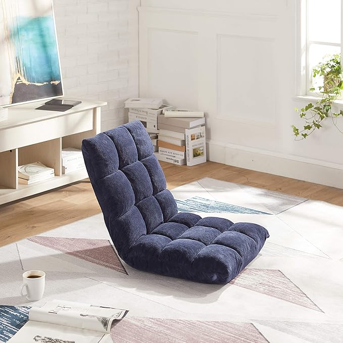 Amazon Basics Adjustable 14-Position Memory Foam Gaming Floor Chair with Back Support Portable Reclining Lay Flat 41.3D x 21.3W x 6H Navy