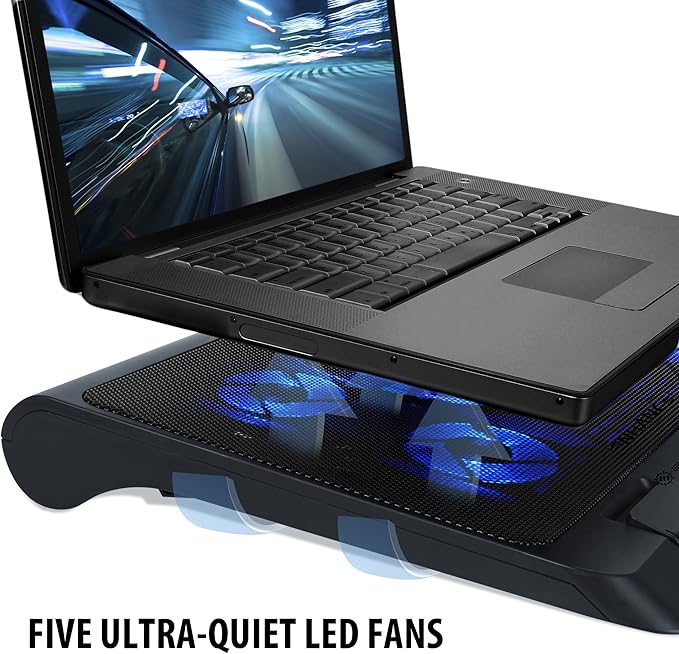 ENHANCE Gaming Laptop Cooling Pad Stand with LED Cooler Fans  Adjustable Height  &amp Dual USB Port for 17 inch Laptops - 5 Ultra Quiet High Performance Fans 2630 RPM &amp Built-In Bumpers - Blue