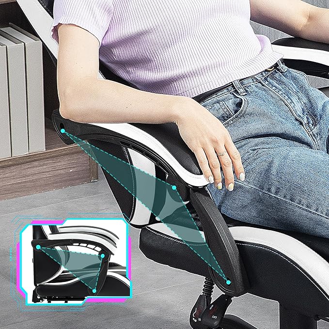 Massage Gaming Chair with Footrest Ergonomic PU Leather Computer Chair w/Headrest and Lumbar Height Adjustable 360° Swivel Desk Office Chair White