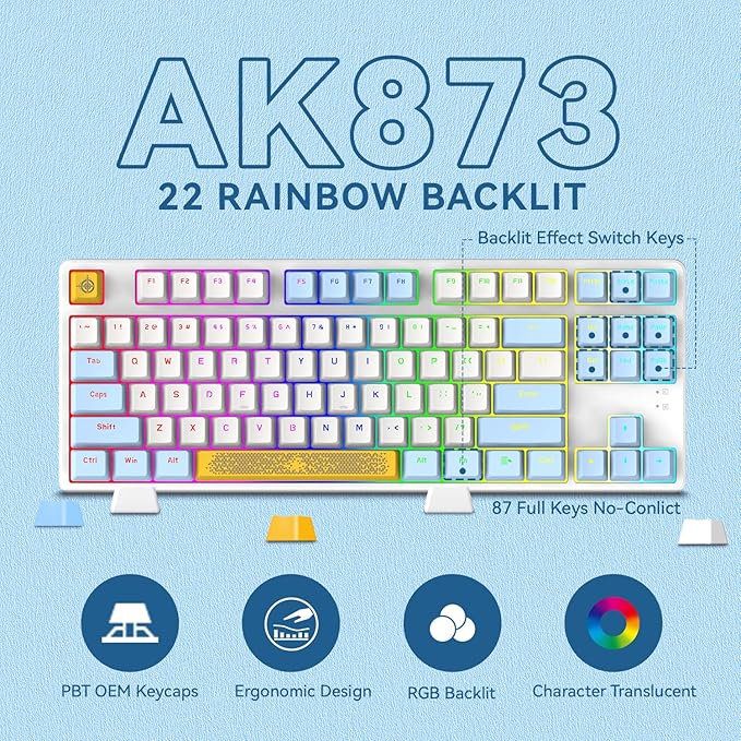 MAGIC-REFINER AK873 Gaming KeyboardRainbow Led BacklitHot-Swappable Blue SwitchPBT Keycap75% TKL LayoutErgonomic Mechanical Keyboard with Custom Coiled USB/Type-C Aviation Cable(Blue White)
