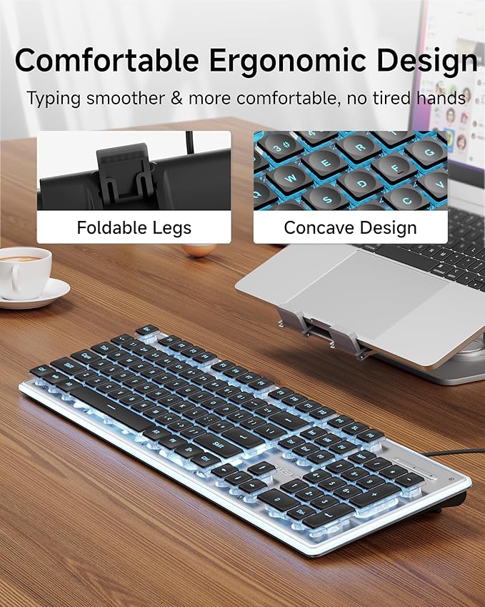 EWEADN GX710S Backlit Computer Keyboards Wired USB Keyboard with Blue Backlit Metal Panel Plug and Play Pudding Keycaps Full Size Quite Computer Keyboard for Win/PC/Laptop-Black