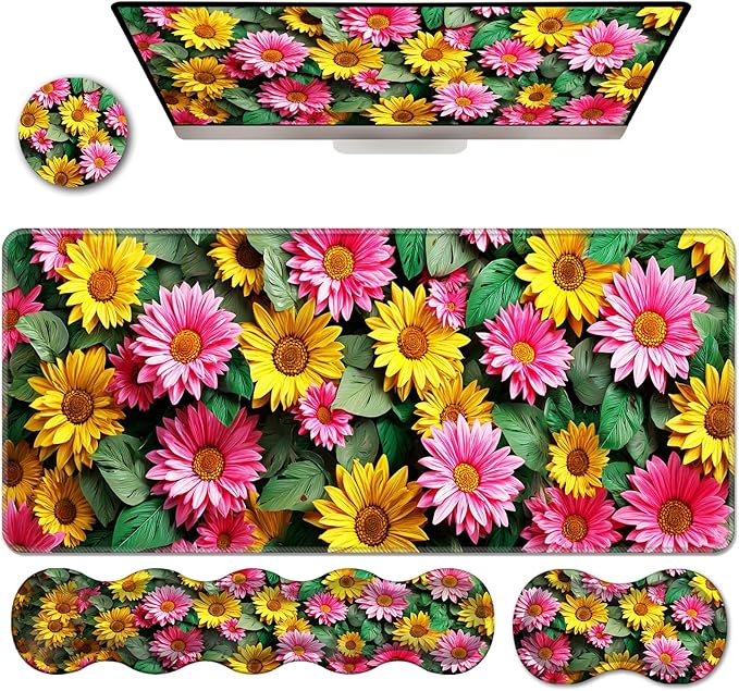 Ergonomic Keyboard Wrist Rest &amp Mouse Pad Wrist Rest SetXL Gaming Desk Mat 31.5x 11.8Non-Slip BaseMemory FoamEasy Typing Pain Relief for Office &amp HomePink and Yellow Sunflowers