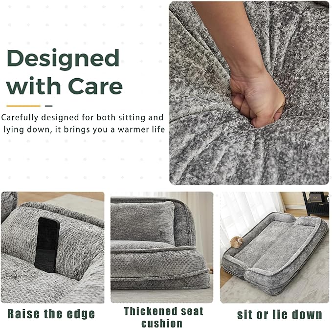 Floor Chair with Back Support Human Dog Bed Folding Loveseat with 5 Adjustable Position 2 Pillows Chenille Meditation Gaming Chair for Lazy Boys Living Room Lounge Bedroom Light Grey