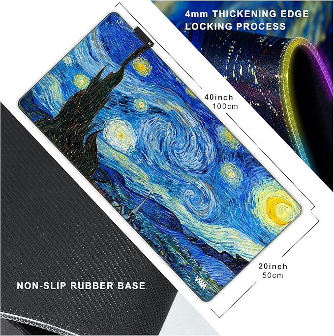 Vyaaa RGB Gaming Mouse Mat 39.3“ x 19.7” XXL Mouse Mat Van Gogh Starry Night LED Mouse Pad Non-Slip Rubber Base Keyboard Mouse Pad Suitable for Home Gaming Office