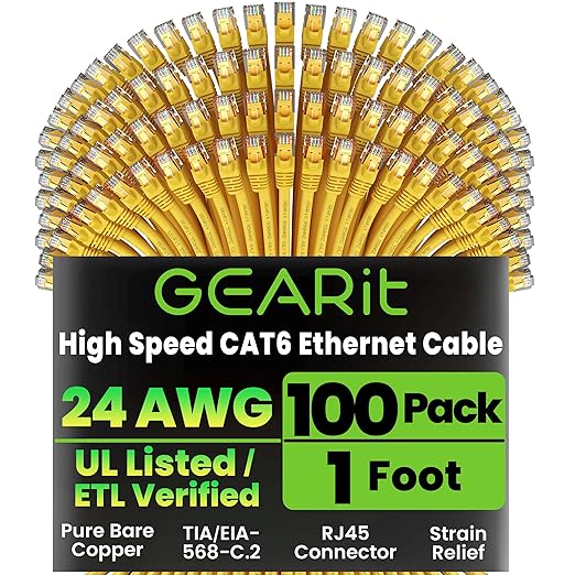 GEARit Cat 6 Ethernet Cable (100-Pack 1 Foot) Cat6 Network Patch 10Gbps RJ45 Snagless Cord Gold-Plated Connectors Internet for PC TV Tablet Router Printer Servers IT Data Center - Yellow