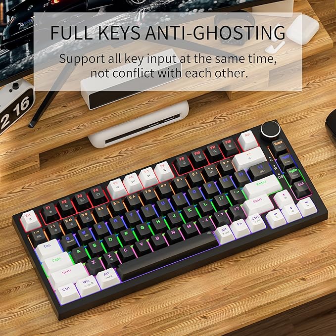 Newmen GM326 Wired Mechanical Keyboard75% Percent Mini Backlit Hot Swappable Gaming Mechanical Keyboard with Knob82 Keys Anti-Ghosting Compact Gaming Keyboards for PC Win MacWhite/BlackRed Switch