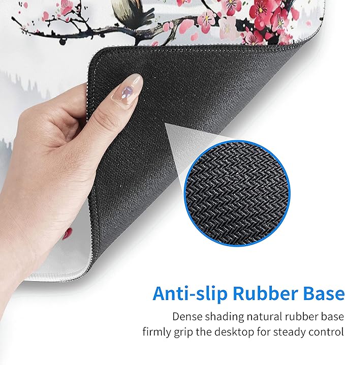 Japanese Pagoda Cherry Blossom Gaming Mouse Pad XL Birds Sakura Branch Mountain Extended Large Desk Cover Table Mat Non-Slip Rubber Base Stitched Edge Long Keyboard Playmat for Gamer31.5×11.8 in