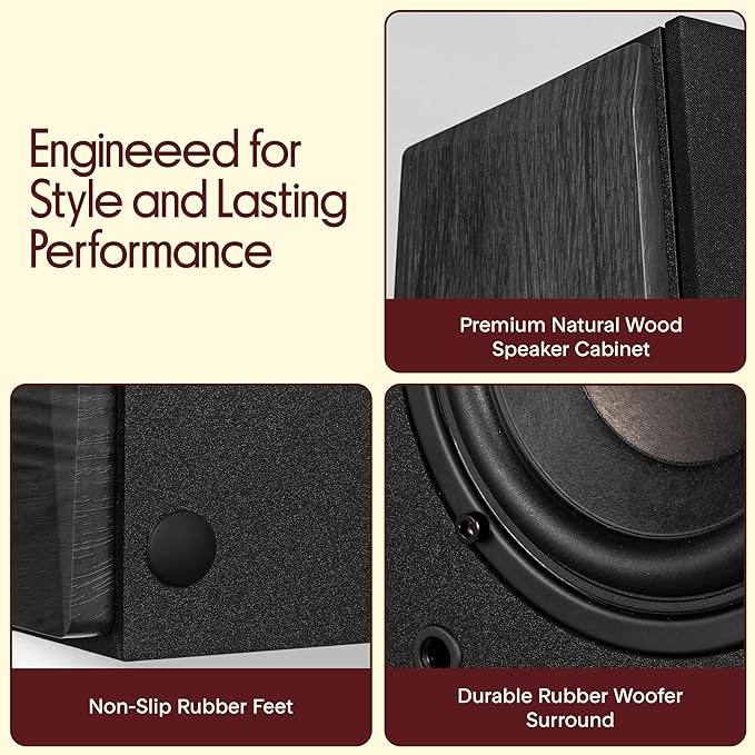 Pyle Powered Bookshelf Speaker System with Bluetooth 80W Active Stereo Speakers Bass Reflex Natural Wood Cabinet Hi Def ARC Optical Coax Subwoofer Out for Home Theater Computer Studio (Pair)