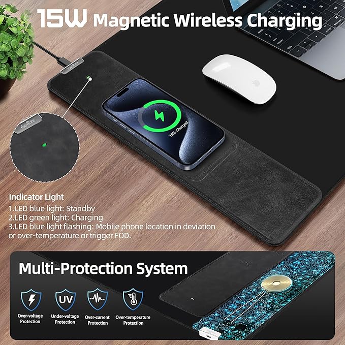 ExtreLife Wireless Charging Mouse Pad Gaming Mouse Pad with Ultra-Smooth Surface 31.5”x15.75” Large Desk Mat Non-Slip Rubber Base Waterproof Computer Keyboard Pad for Gaming MacBook Laptop Desk