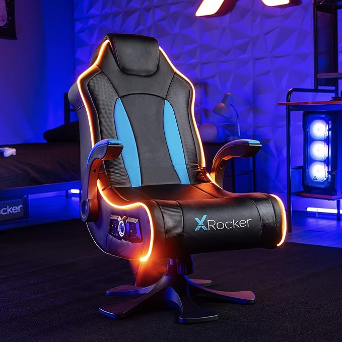 X Rocker CXR3 2.1 Dual Audio LED Gaming Chair with Flip-Up Arms Integrated 2.1 Audio System Bluetooth Wireless 5134201 32.1 x 24.8 x 40.55 Black and Teal