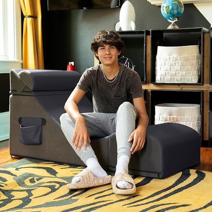 Jaxx Flexx V-Tex Convertible 3 in 1 Gamer Chair Table &amp Ottoman w/Adjustable Headrest &amp Pocket - Vinyl Black
