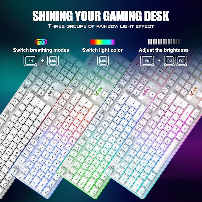 RedThunder K10 Wireless Gaming Keyboard and Mouse Combo LED Backlit Rechargeable 3800mAh Battery Mechanical Feel Anti-ghosting Keyboard + 7D 3200DPI Mice for PC Gamer (White)