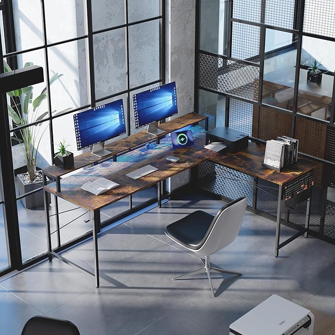 Pamray 64 Inch L Shaped Gaming Desk with Power Outlets and Led Lights Large Corner Computer Desk with Monitor Stand and Pegboard PC Table for Home Office and Bedroom Vintage