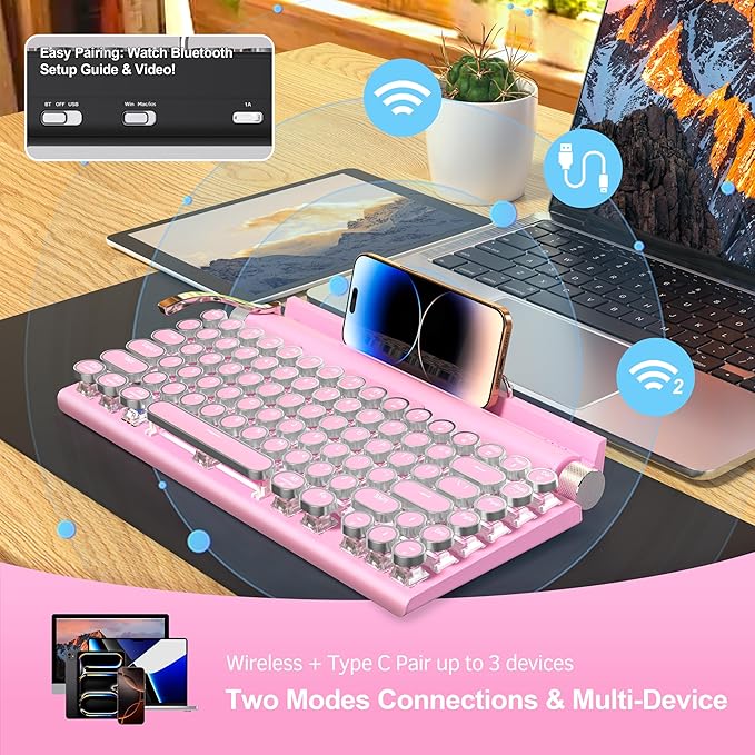 Retro Typewriter Wireless Mechanical Gaming Keyboard Bluetooth 5.0 Office Computer Vintage Keyboards 83-Key Blue Switches Punk Round Keycap LED Backlight Compatible with PC/Laptop/Pad/Phone Pink