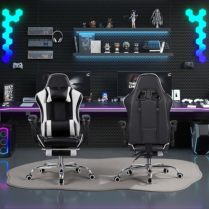 VECELO Ergonomic Gaming Chair with Footrest Comfy Recliner Computer Chair Swivel Seat Height Adjustable High Back PU Leather Lumbar Support Headrest for Adults Black