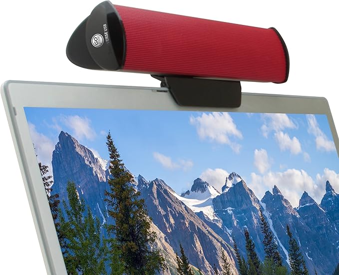 GOgroove SonaVERSE USB Speakers for Laptop Computer - USB Powered Mini Sound Bar with Clip-On Portable External Speaker Design for Monitor One Cable for Digital Audio Input and Power (Red)