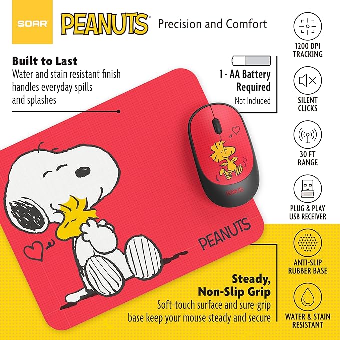 SOAR Peanuts Mouse &amp Mouse Pad Combo Red- Hug