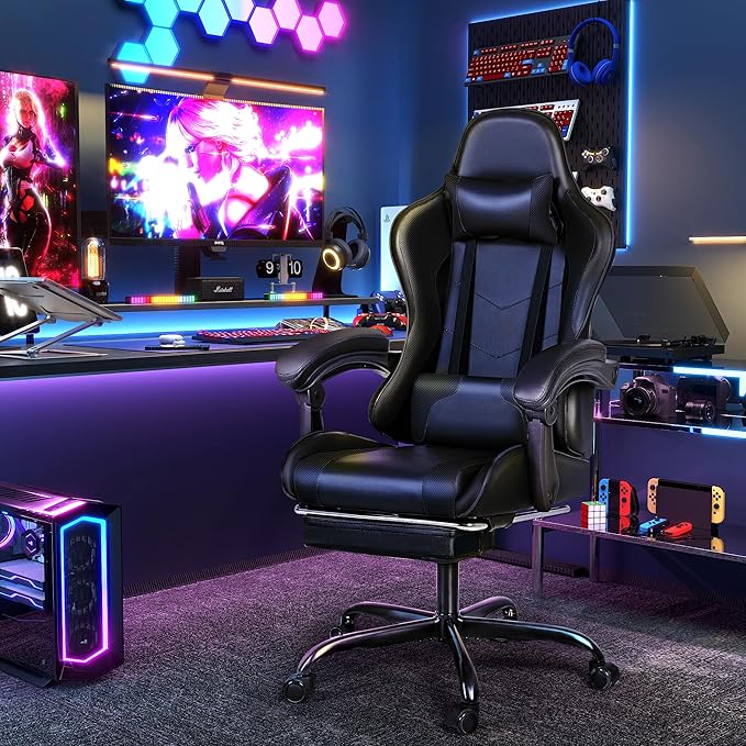 Furmax Gaming Chair Video Game Chair with Footrest and Massage Lumbar Support Swivel Seat Height Adjustable Computer Chair with Headrest Racing E-Sport Gamer Chair (Black)