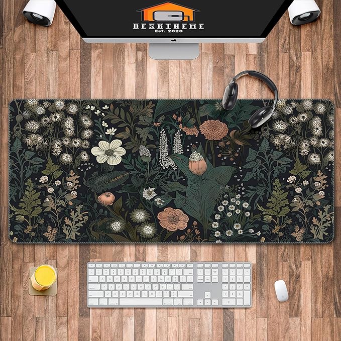 Dark Cottagecore Computer Mat Floral Desk Mat Botanical MousePads Vintage Wildflower Nature Desk Decor Garden Desk Pad Keyboard Laptop Mat Desktop Mat Gift for Plants Lover 35.4”x15.7”x0.12