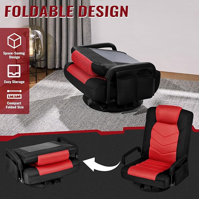 Yaheetech Floor Gaming Chair Swivel Video Game Chair Multipurpose Lazy Lounger Couch for Playing Games TV Reading with 6 Adjustable Position Side Pocket Armrest Handles