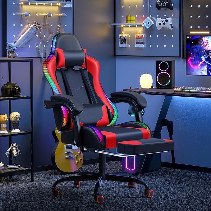 Furmax Gaming Chair with RGB LED Lights Video Game Chair with Footrest and Massage Lumbar Support High Back Reclining Computer Chair with Headrest Swivel Seat Gamer Chair (LED Red)