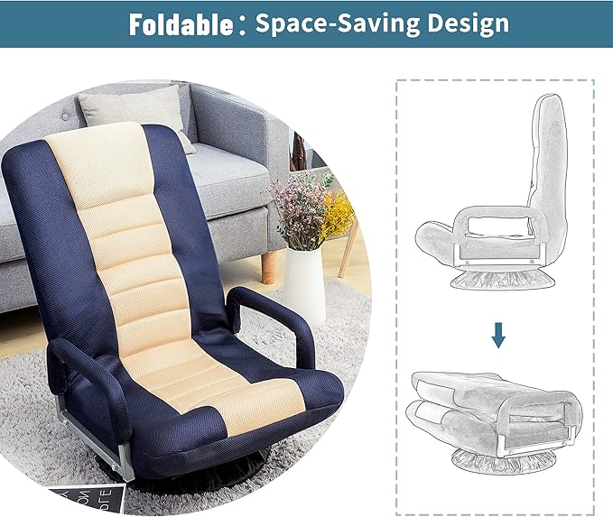 Foldable Floor Gaming Chair Video Gaming Rocker Chair for Adults 360° Swivel Comfort Armrest 7-position adjustable back for TV Reading 330 lbs Support Steel Frame Comfortable Fabrics (Blue+Beige)