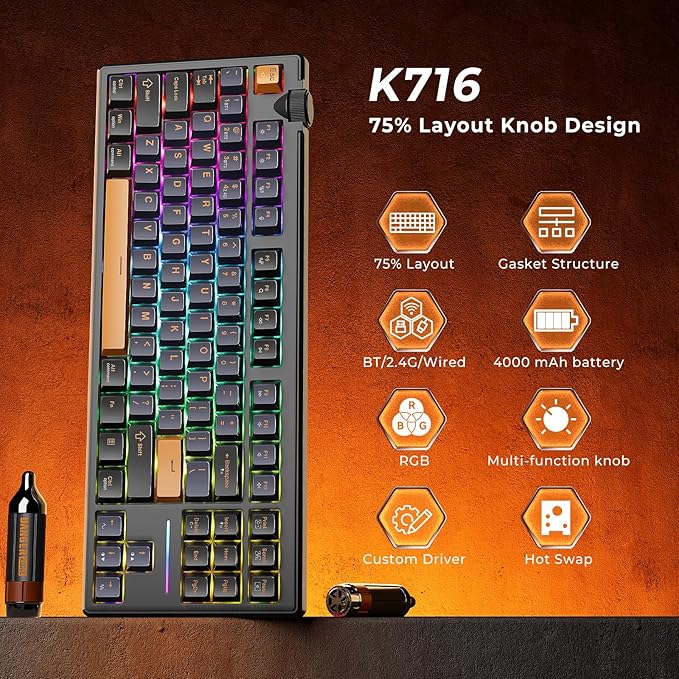 Redragon K716 Wireless Mechanical Keyboard with Knob Gasket Gaming Keyboard in TKL Layout Hot swap Pre-Lubed Switches RGB Backlight for PC/Mac (Black)