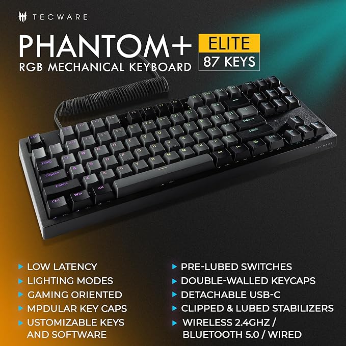 TECWARE Phantom+ Elite 87 Key RGB Mechanical Gaming Keyboard | 3 Mode Wireless Bluetooth 5.0 2.4GHz &amp USB C Wired | Hot Swappable 5 Pin | Double Shot PBT Keycaps | Wraith Pink Switch - Black