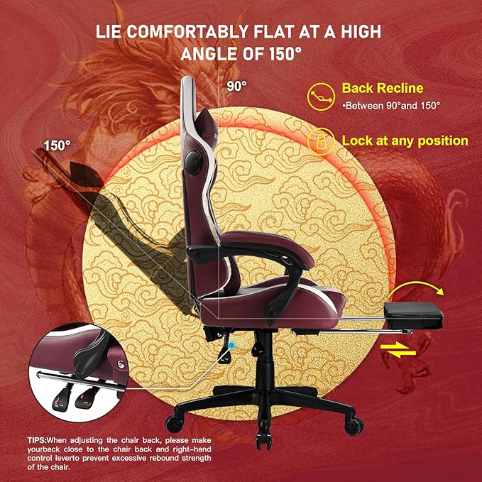 GTPLAYER Gaming Chair with Bluetooth Speakers and Footrest Dragon Series Video Game Chair Heavy Duty Ergonomic Esports Computer Office Chair (RED)