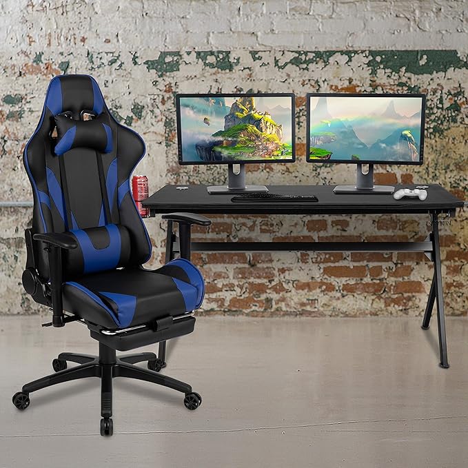 BizChair Gaming Desk and Blue Footrest Reclining Gaming Chair Set - Cup Holder/Headphone Hook/Removable Mouse Pad Top/Wire Management