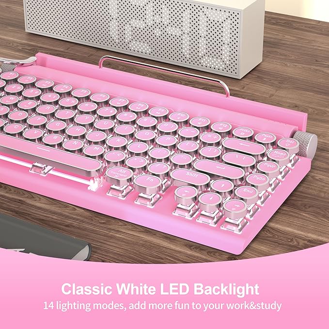 Retro Typewriter Wireless Mechanical Gaming Keyboard Bluetooth 5.0 Office Computer Vintage Keyboards 83-Key Blue Switches Punk Round Keycap LED Backlight Compatible with PC/Laptop/Pad/Phone Pink