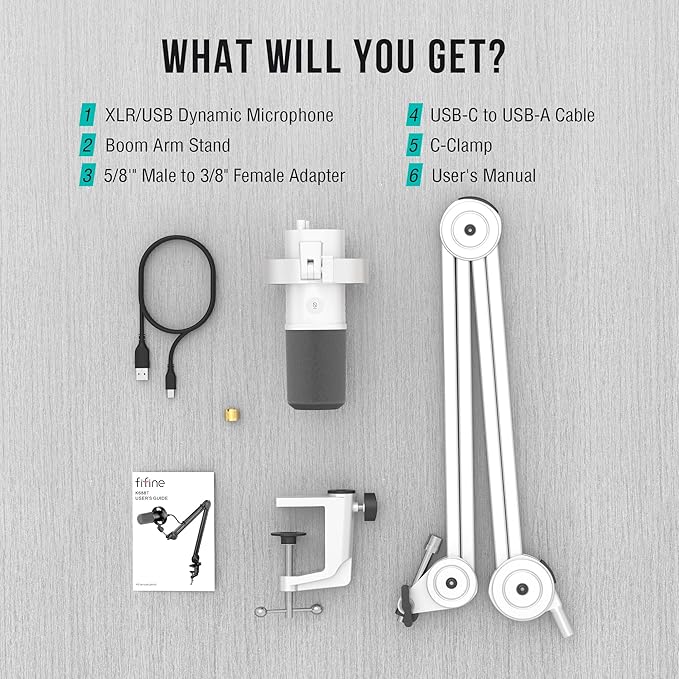 FIFINE Podcast XLR/USB Microphone Kit Studio Dynamic Vocal Mic for Recording Streaming Voice-Over PC Microphone with Boom Arm with Mute Headphone Monitoring Metal-AmpliTank K688T White