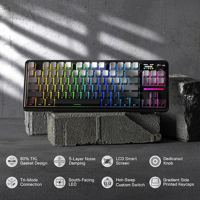 Redragon K743 PRO GB 80% Gasket RGB Gaming Keyboard w/Hype 1.14’’ TFT Screen &amp Knob 84 Keys Mechanical Keyboard 5-Layer Noise Dampening Hot-Swap South-Facing RGB Socket Gradient PBT Keycaps