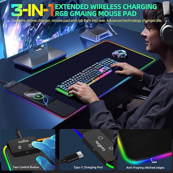 Mouse Pad with Wireless Charging RGB Gaming Mousepad Large Desk Mat with Ultra-Smooth Surface Non-Slip Mouse Mat Waterproof Computer Keyboard Pad with 18W QC Power Adapter 800x400x4MM Black