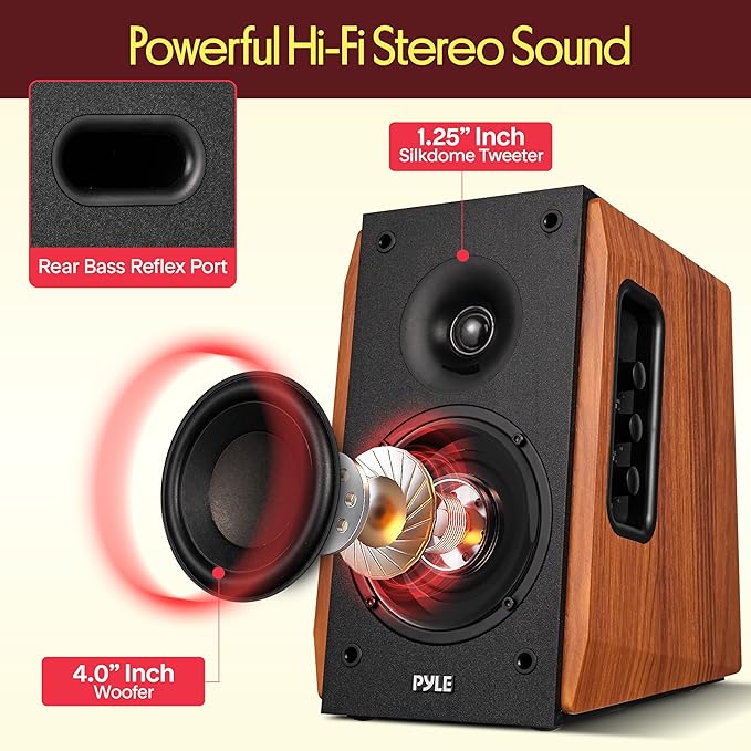 Pyle Powered Bookshelf Speaker System with Bluetooth 80W Active Stereo Speakers Bass Reflex Natural Wood Cabinet Hi Def ARC Optical Coax Subwoofer Out for Home Theater Computer Studio (Pair)