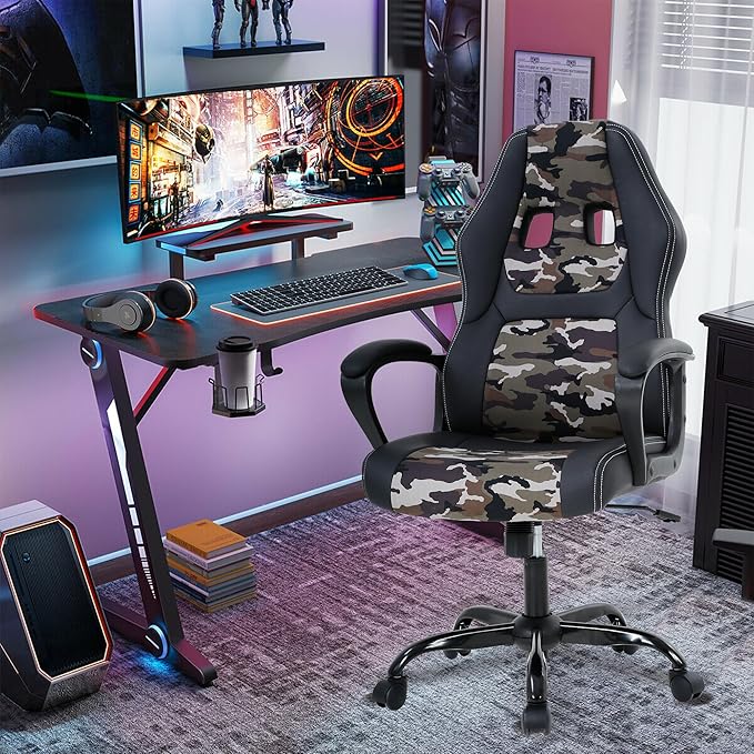Gaming Chair With Massager Ergonomic Office Video Gaming Computer Leather Desk Racing Comfy Massage Silla Gamer for Adults and Kids Camo