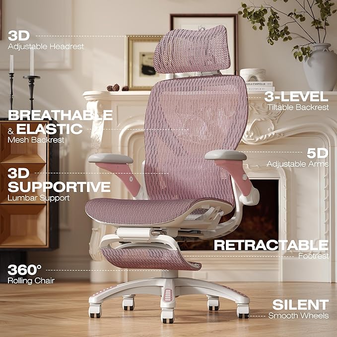 ELABEST X100 Ergonomic Mesh Office Chair with Footrest Big and Tall Hone Desk Chair with 5D Flip-Up Arms Adjustable 3D Lumbar SupportGaming &amp Executive Computer Chairs