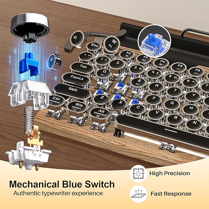 Retro Typewriter Wireless Mechanical Gaming Keyboard Bluetooth 5.0 Office Computer Vintage Keyboards 83-Key Blue Switches Punk Round Keycap LED Backlight Compatible with PC/Laptop/Pad/Phone Wood