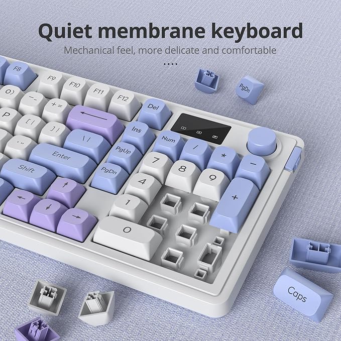Owpkeenthy 96% Membrane Keyboard Wireless 100% Quiet Mechanical Feeling Gaming Keyboard Gasket RGB Keyboard with Knob &amp Number Pad Triple Mode Bluetooth 5.0/2.4G/Wired for Laptop Desktop(98 Blue)