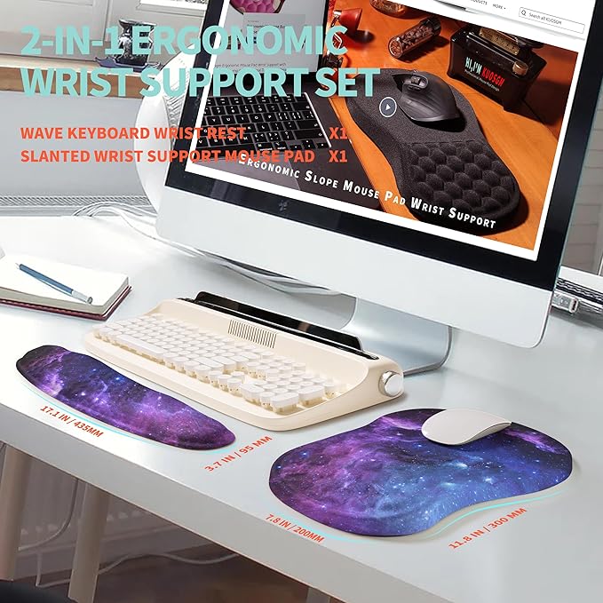 2-in-1 Ergonomic Set Wave Rise Keyboard Wrist Rest and Massage Bulge Slope Mouse Pad Wrist Support Cushion Memory Foam Integrated to Relieve Wrist Pain Galaxy