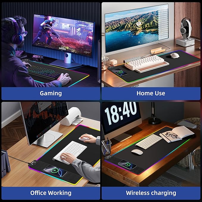 Mouse Pad with Wireless Charging RGB Gaming Mousepad Large Desk Mat with Ultra-Smooth Surface Non-Slip Mouse Mat Waterproof Computer Keyboard Pad with 18W QC Power Adapter 800x400x4MM Black