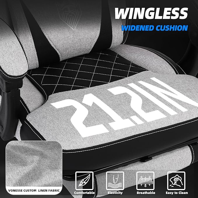 Vonesse Gaming Chair Reclining Fabric Gaming Chairs for Adults 250LBS Office Chair with Pocket Spring Cushion Computer Chair with Footrest and Massage Lumbar Support (Light Gray)